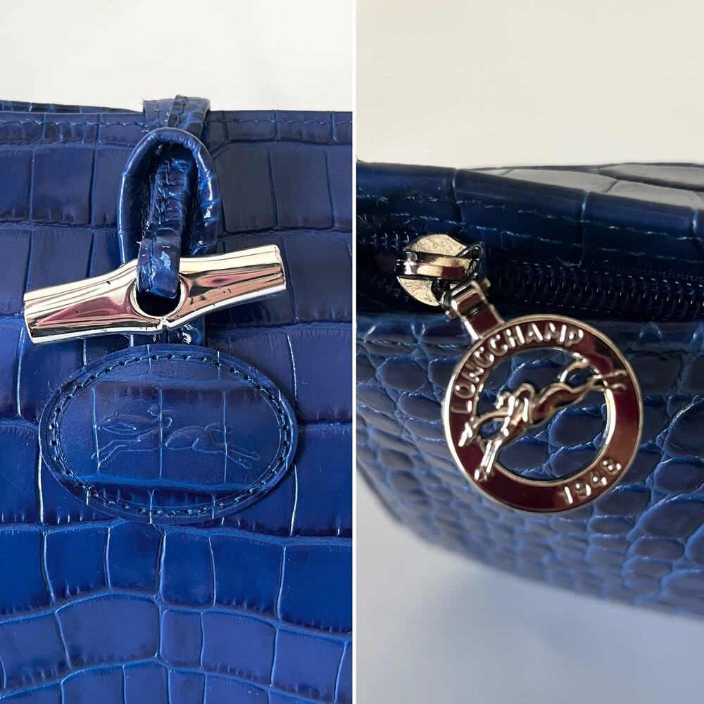 Longchamp Roseau Blue Croc Embossed Shoulder Bag Vintage Y2K Bamboo Toggle - Picture 3 of 11